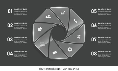 Infografía del círculo de efectos de vidrio 3D: línea de tiempo de negocios de 8 pasos y diseño de línea de tiempo para el concepto de negocio moderno