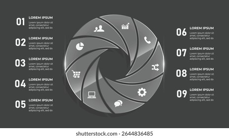 Infografía del círculo de efectos de vidrio 3D 9 pasos: línea de tiempo de negocios con iconos de dispositivos digitales e interfaz de comunicación