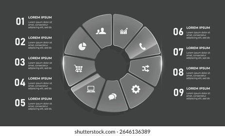 Infográfico de círculo de efeito de vidro 3D com 9 etapas - Design de linha de tempo de negócios para visualização de dados e processos