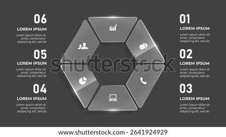3D Glass Effect Circle Infographic. 6 Step Business Timeline with Digital Devices, Media Icons, and Application Interface Elements