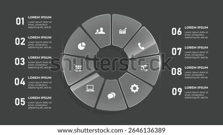 3D Glass Effect Circle Infographic with 9 Steps – Business Timeline Design for Data and Process Visualization