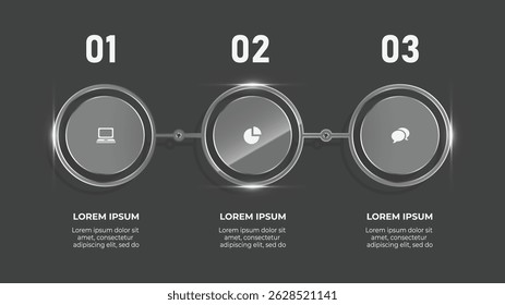 3D Glass Effect Infographic with 3 Step Business Process Timeline, Abstract Concept and Data Flow