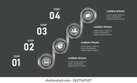 Infografía de efecto de vidrio 3D con proceso de 4 pasos, línea de tiempo comercial y diseño de gráfico de datos financieros