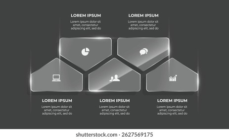 Infografía de efecto de vidrio 3D con proceso comercial de 5 pasos, flujo de datos Corporativa y diseño de fondo oscuro