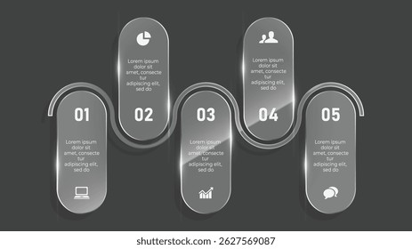 Infografía de efecto de vidrio 3D con proceso de negocios de 5 pasos, diseño Abstractas elegante y Elementos digitales futuristas
