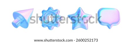 3d glass element with holographic effect. Render iridescent star, arrow cursor, gear, speech bubble icon. Y2k neon shape isolates. 3d gradient blue pink futuristic objects. Vector tech ui illustration