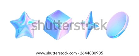 3d glass element with holographic effect. Render iridescent star, coin, cube, disk, starburst icon. Y2k neon shape isolates. Vector tech ui illustration