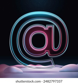 3D glass e-mail icon with neon light insight. Big relistic symbol with sparkles and winter background. Futuristic holiday decoration. Element for design poster, advertisign or game