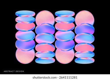 3d glass futuristic poster. Circle holographic gradient shape on black background. Geometric technology abstract pattern. Pink blue iridescent glass round element. Vector render illustration