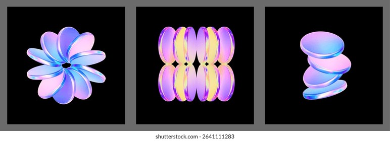 3d glass futuristic poster. Circle holographic gradient shape on black background. Geometric technology abstract pattern. Pink blue iridescent glass round element. Vector render illustration