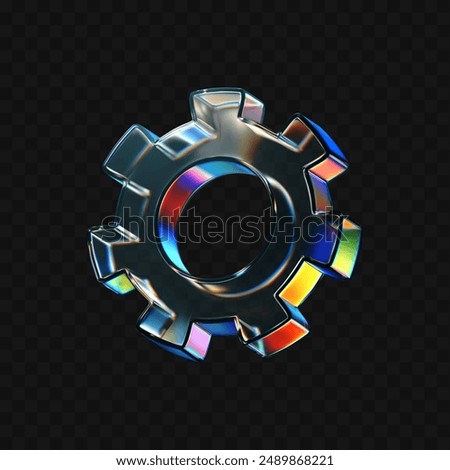 3d glass gear icon with refraction and holographic effect isolated on dark background. Render transparent glass gear with overlay dispersion light, rainbow gradient. 3d vector morphism