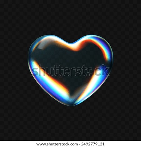 3d glass heart icon with refraction and holographic effect isolated on dark background. Render transparent glass heart with overlay dispersion light, rainbow gradient. 3d vector morphism