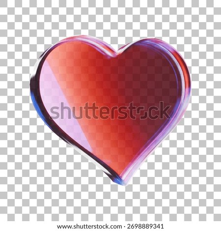 3D glass heart icon with refraction and holographic effect isolated on dark background. Neon transparent heart with overlay dispersion light, rainbow gradient. 3d vector morphism.