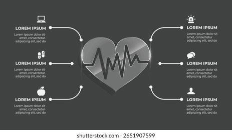 3D Glass Heartbeat Medical Infographic – 6 Step Cardiology Flowchart with ECG and Diagnosis