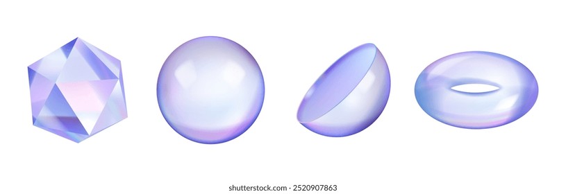 3D glass holographic isolated set of gradient figures. Vector illustration of abstract hologram textures, pearly sphere shapes, circle and half circle figure. Can be used for invitations