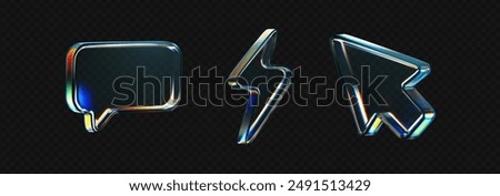 3d glass icon - arrow, speech bubble, lightning with refraction and holographic effect isolated on dark. Render transparent glass figure with dispersion light, rainbow gradient. 3d vector morphism