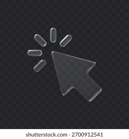 ícone de vidro 3d clique no cursor sobre fundo transparente escuro. Elemento de vetor de forma de seta.