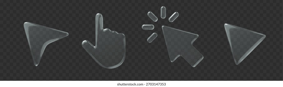 Cursor de icono de vidrio 3D sobre fondo transparente oscuro. Elemento de Vector de forma de flecha.