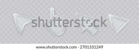 3d glass icon cursor set on transparent background. Arrow shape vector element.