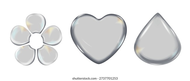3d glass icon - drop, heart, flowers with refraction, holographic effect isolated on dark. Render transparent glass heart with overlay dispersion light, rainbow gradient. 3d vector morphism