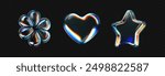 3d glass icon - heart, star, flower with refraction and holographic effect isolated on dark background. Render transparent glass shape with dispersion light, rainbow gradient. 3d vector morphism