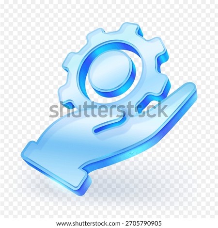 3D glass icon of a human hand holding a cogwheel. Concept for customer service, settings, maintenance, solution, support or technological assistance. Vector illustration.