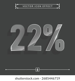 Icono de vidrio 3D que representa un 22 por ciento de descuento con efecto Vector, ideal para promociones comerciales, finanzas, ofertas minoristas y conceptos de marketing de comercio electrónico