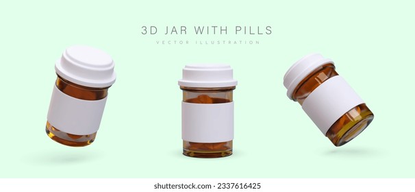 3D glass jar and pills  Medication packaging and blank white labels  Set objects from different sides  Mini apothecary bottle  Vector illustration for web design
