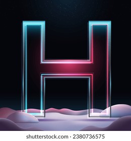 3D glass letter H with neon light insight.  Big relistic letter with sparkles and winter background. Holiday decoration. Element for design poster, advertisign or game