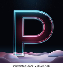 3D glass letter P with neon light insight.  Big relistic letter with sparkles and winter background. Holiday decoration. Element for design poster, advertisign or game