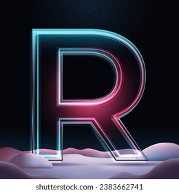 3D glass letter R with neon light insight.  Big relistic letter with sparkles and winter background. Holiday decoration. Element for design poster, advertisign or game