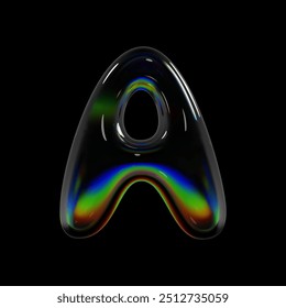 3d glass letter A with translucent surface and holographic reflections. Balloon bubble shape isolated letter with rainbow dispersion effect for Y2K futuristic font design and modern typography