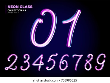 3D Glass Letters with Night Neon Light Effect, Glossy Purple and Blue Colors. Glowing in the Dark Typeset for Party Decoration, DJ Poster, Black Friday Sale Banner, Electronic Music Fest.