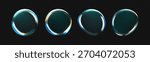 3d glass liquid abstract, fluid shape with holographic effect isolated on dark background. Render of transparent glass circle liquid object, soap water bubble with reflection. 3d vector illustration