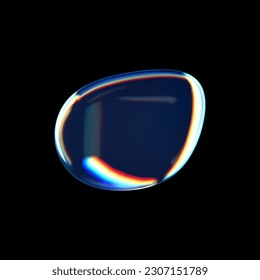 3d glass liquid abstract, fluid shape with holographic effect isolated on black background. Render of transparent glass circle liquid object, soap water bubble with reflection. 3d vector illustration