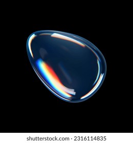 3d glass liquid abstract, fluid shape with holographic effect isolated on black background. Render of transparent glass circle liquid object, soap water bubble with reflection. 3d vector illustration