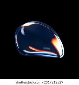 3d glass liquid abstract, fluid shape with holographic effect isolated on black background. Render of transparent glass circle liquid object, soap water bubble with reflection. 3d vector illustration