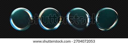 3d glass liquid abstract, fluid shape with holographic effect isolated on dark background. Render of transparent glass circle liquid object, soap water bubble with reflection. 3d vector illustration