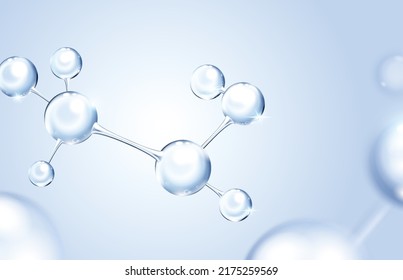 Molécula de vidrio 3d o átomos sobre fondo azul claro. Adecuado para el concepto bioquímico, farmacéutico, de belleza y de otro tipo.