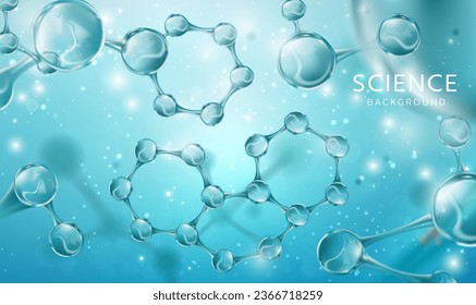 Molécula de vidrio 3d o átomos sobre fondo azul. Formación científica y médica. Estructura molecular. Tecnología cosmética científica. Bioquímica, farmacéutica, belleza, concepto de ADN médico. EPS10 vectores.