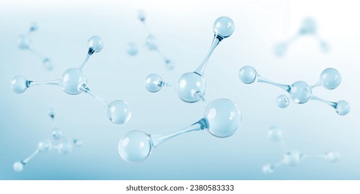 3D glass molecules or atoms on light blue background. Concept of biochemical, pharmaceutical, beauty, medical. Science or medical background. Vector 3d illustration svg