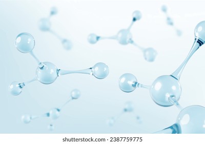 3D glass molecules or atoms on light blue background. Concept of biochemical, pharmaceutical, beauty, medical. Science or medical background. Vector 3d illustration