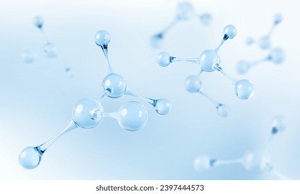 3D glass molecules or atoms on light blue background. Concept of biochemical, pharmaceutical, beauty, medical. Science or medical background. Vector 3d illustration