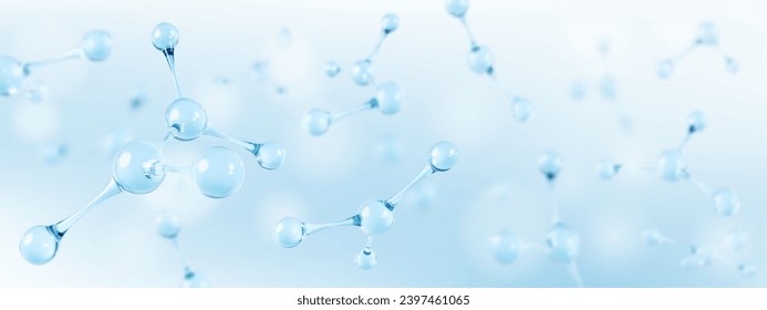 3D glass molecules or atoms on light blue background. Concept of biochemical, pharmaceutical, beauty, medical. Science or medical background. Vector 3d illustration