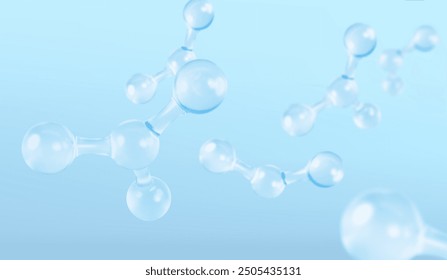 3D glass molecules or atoms on light blue background. Concept of biochemical, pharmaceutical, beauty, medical. Science or medical. Vector 3d illustration