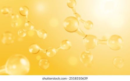 Moléculas de vidro 3D ou átomos em fundo amarelo claro. Conceito de bioquímica, farmacêutica, beleza, médica. Ciência ou medicina. Ilustração em 3d vetorial