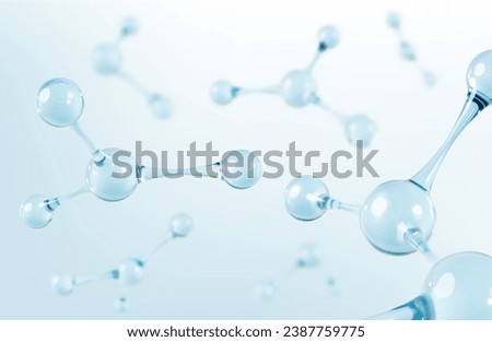 3D glass molecules or atoms on light blue background. Concept of biochemical, pharmaceutical, beauty, medical. Science or medical background. Vector 3d illustration