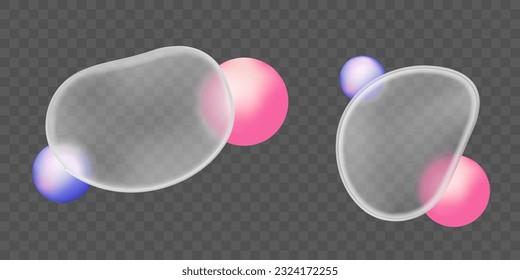 3d glass morphism blob shape set with gradient blur effect. Abstract vector frame texture with geometric glossy plate elements. Pink and purple round sphere bubble near frosted object icon graphic