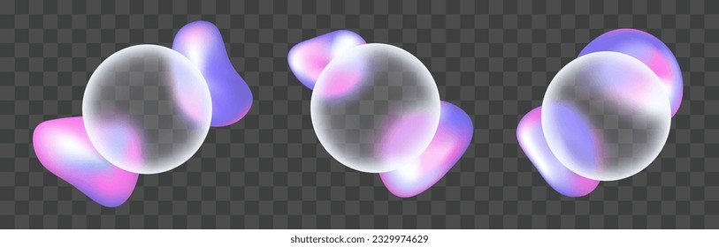 3d glass morphism circle ball with hologram blob shape blur effect. Geometric futuristic presentation frame set. Glassmorphism glossy icon with pink and purple creative layout for app interface