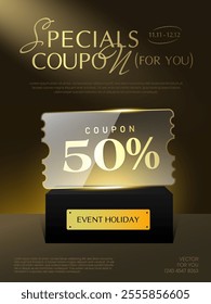 3d glass morphism coupon on a stage with coupon code, percent price off, isolated on dark background. Luxurious gift voucher banner template in 3d vector